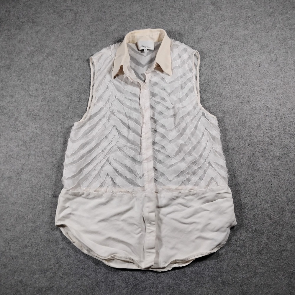 3.1 Phillip Lim Women Cream Silk Collar Zebra Sheer Sleeveless Blouse Size 4